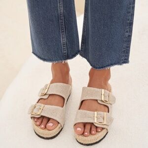 Anthropologie Haute Hippie Naomi Espadrille Beige Sandals Gold Buckles 7.5M NWOB